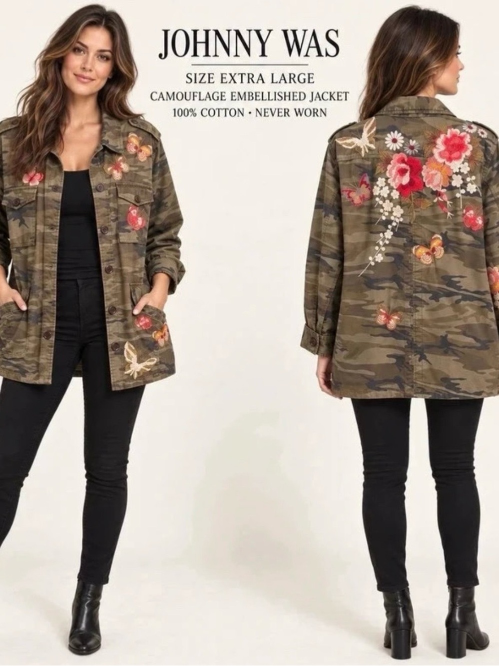 Johnny Was Olive Camo Embroidered Utility Jacket with Floral Accents